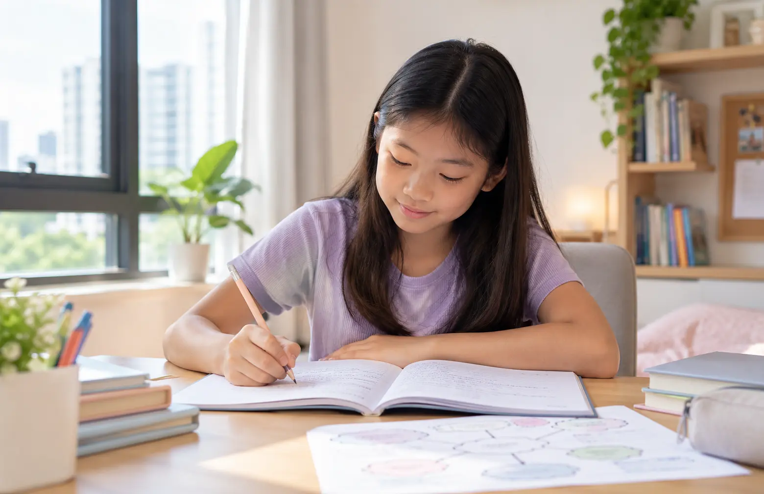 PSLE English composition writing practice with a student planning and developing ideas before writing.