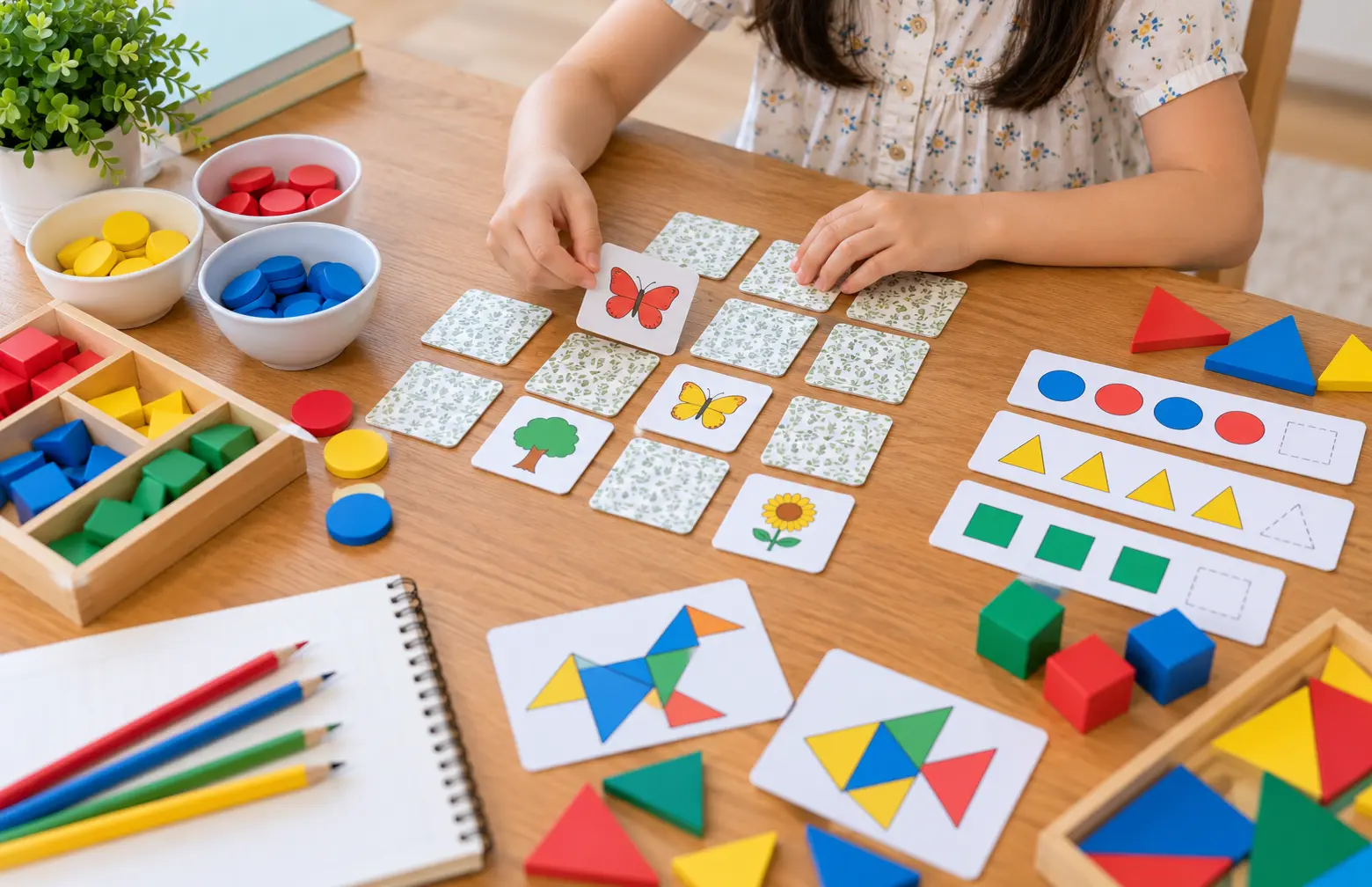 Brain training activities for kids featuring picture matching cards, colour sorting blocks and pattern recognition games.
