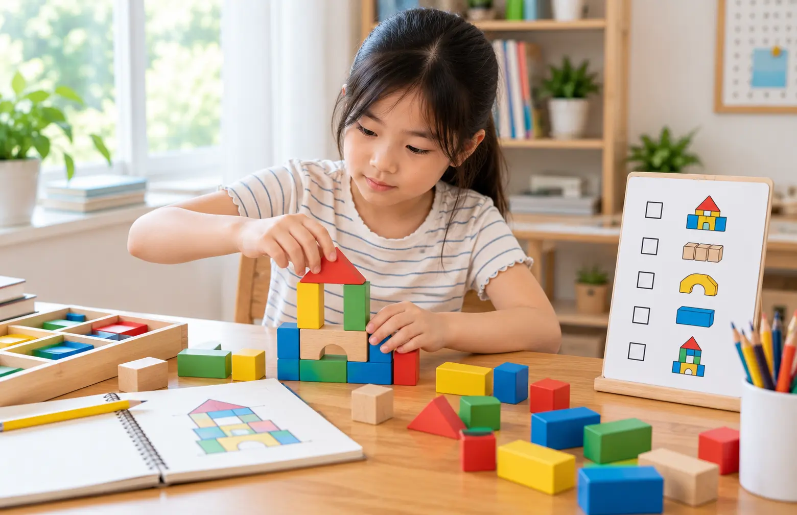 Brain training activities for kids through a hands-on planning challenge using colourful building blocks and a visual checklist.