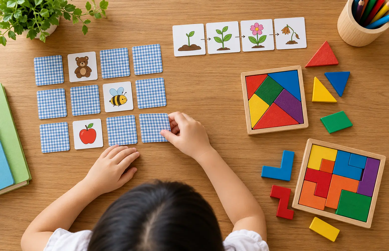 Brain training for children using memory cards, sequencing tiles and puzzles to practise cognitive skills.